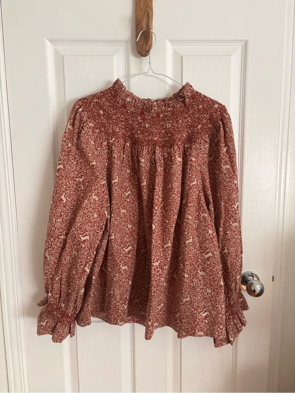 Doen Rust Floral Smocked-Neck Peasant Blouse